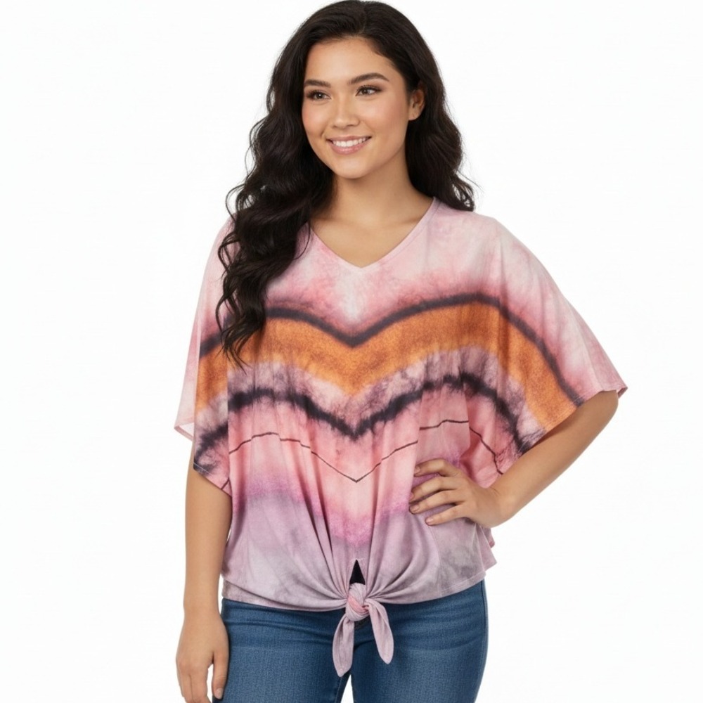 One World Top 2PC Poncho Multicolor Tie Dyed Asymmetrical Handkerchief Festival‎